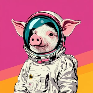 Cute cartoon pig in vintage white spacesuit and NASA style helme...