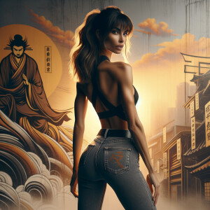 Athletic Thin skinny Attractive, Asian teenage girl, long brown hair and bangs, wearing tight skinny jeans and a halter top paint marks on her clothing, heroic pose Asian graffiti background, backside view