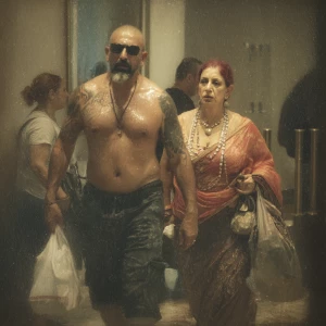 Photorealism,hyperrealismA sweaty beefy man walking with his 54...