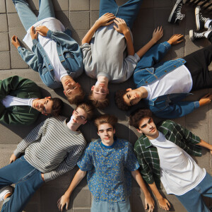 6 white male young teens, laying face down on the ground on a si...