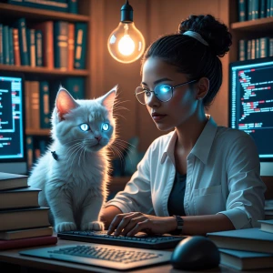 Generate an image of a white kitten with mystical features such...