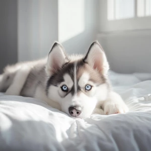 A fluffy husky puppy lying on a soft white bed with natural wind...