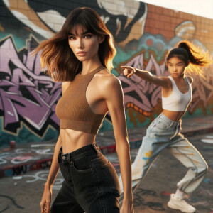 Athletic Thin skinny Attractive, Asian teenage girl, long brown hair and bangs, wearing tight skinny jeans and a halter top paint marks on her clothing, heroic pose Asian graffiti background, backside view