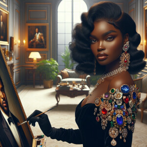 In a high-class, elegantly decorated studio, a very light-skinne...