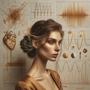 Abstract, minimalist, art cardiogram, charts complex, mathematical formulas, spontaneous lines, and paint marks, paint in hair, golden ratio