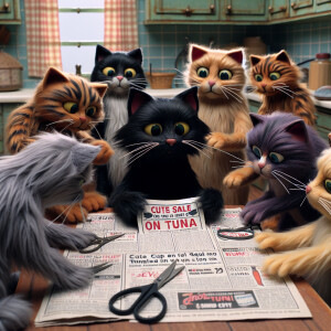 Cats cutting out coupons , cute sale on tuna