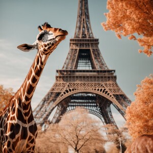Giraffee in front of eiffle tower