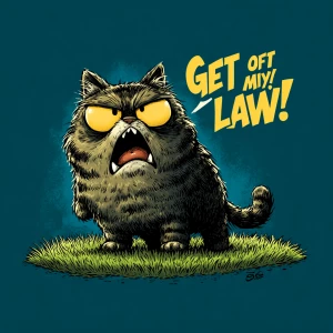 A grumpy cartoon-style cat standing on a lawn, fur fluffed up, o...