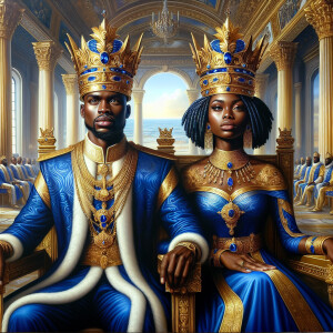Create a 3-D realistic oil, painting of a African-American Royal...