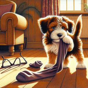 A charming and amusing illustration of a playful puppy stealing...