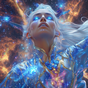 A celestial sorceress with glowing blue eyes, silver hair flowin...