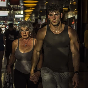 photograph style.A muscular, sweaty man walking with his 50 year...