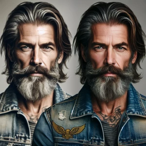 Draw a biker guy with a jean jacket in his early fifties. Give h...