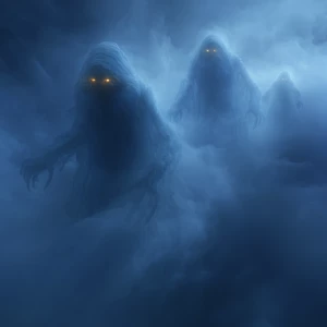 Create an image of ethereal, human-sized beings, slightly larger...