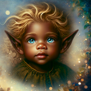 An elven baby with dark brown skin, blue eyes, and blonde hair.