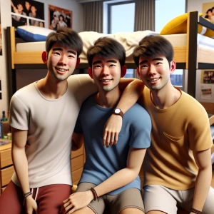 Tan frat bros cuddling in dorm