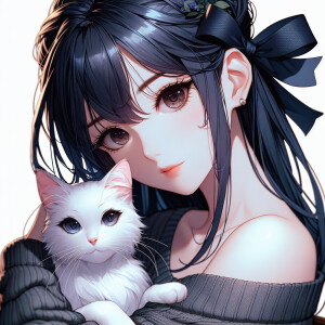 Realistic anime woman with dark blue hair and dark brown eyes. S...