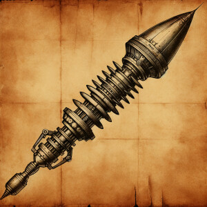 Aged parchment blueprint for a realistic alien probe, metal stic...