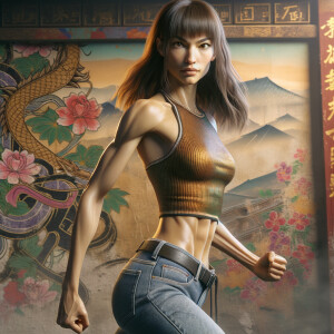 Athletic Thin skinny Attractive, Asian teenage girl, long brown hair and bangs, wearing tight skinny jeans and a halter top paint marks on her clothing, heroic pose Asian graffiti background, backside view