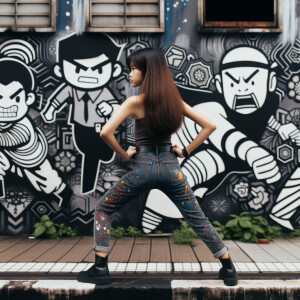 Attractive, Asian teenage girl, long brown hair and bangs, wearing tight skinny jeans and a halter top paint marks on her clothing, backside view heroic pose Asian graffiti