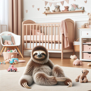 Cute baby sloth sitting on the floor inside a soft neutral color...