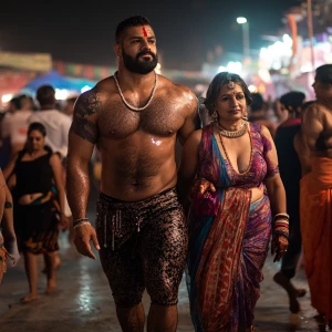 A gujarati muscular man sweat on body walking with his 54 year o...