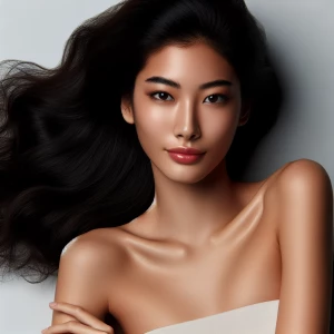 A model with dark brown hair laying down