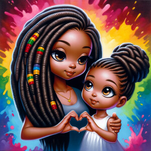 Chibi art style oil painting of an African-American mother with long off black sisterlocs and an African-American toddler girl with should-length off black sisterlocs facing toward the viewer, leaning against each other with their hand intertwined to form the shape of a heart. emphasize the heart shape of their hands as a central symbol of love admist a splash of rainbow colors in the backdrop