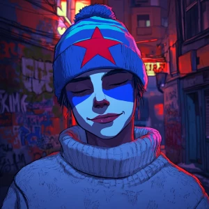 Create an image of a cartoon character with their face painted i...