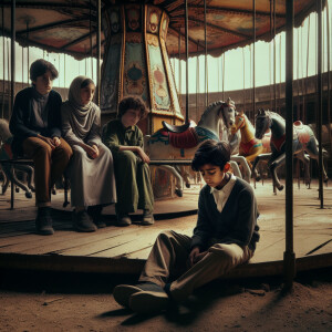 A 12-year-old boy sits unconscious on an abandoned rusty carouse...