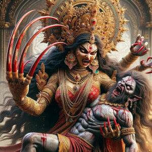 portrait of angry looking goddess durga  carrying an unfit mahishasur in her arms and poking him with her amazingly long red fingernails. She is wearing a huge gold crown, red saree, abundant  gold jewelry, covered in blood. The scene is set in ancient India. The image is 8K resolution, cinematic, ultra detailed face and epic.