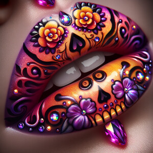 Create a vibrant glossy lip art design inspired by Día de los Mu...