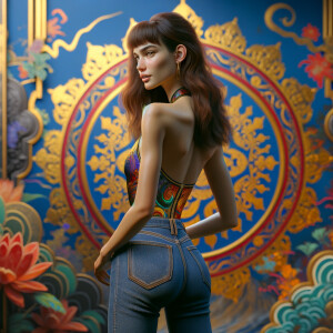 Athletic Thin skinny Attractive, Asian teenage girl, long brown hair and bangs, wearing tight skinny jeans and a halter top paint marks on her clothing, heroic pose Asian graffiti background, backside view