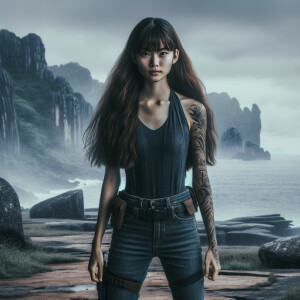 Thin Asian teen girl wearing tight jeans and a halter top Long brown hair and bangs, tattoos on her arms, athletic heroic pose