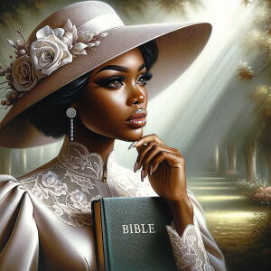 Render an airbrush oil painting of an African American woman with flawless makeup in a
contemplative pose, holding a Bible close to her heart, dressed in an elegant Sunday Best
outfit with a distinctive Church Hat. The background features a peaceful church garden,
with light filtering through the trees, highlighting her spiritual connection and the personal
moment of reflection. The artwork should capture the tranquility of the scene, the beauty
of her attire, and the depth of her contemplation, reflecting a serene and spiritually