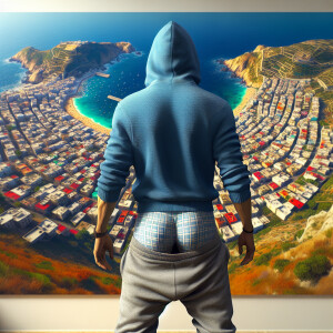 A full body realistic thug from behind, wearing a blue hoodie an...