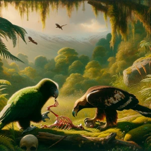 Two birds, a Kakapo and a Golden Eagle, peacefully sharing a meal amidst the verdant flora of ancient Russia, with elements of prehistoric wildlife visible in the background.