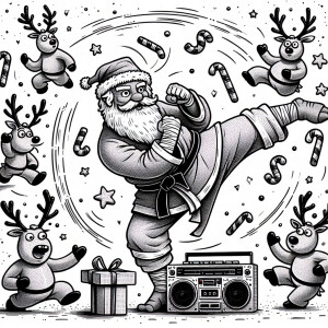 Santa in karate gi doing a kung fu move next to a boombox, with...
