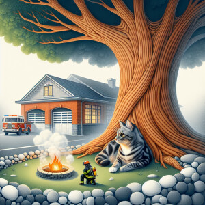 Under a tee smoking a cat near a fire station