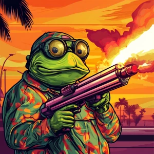 MEME PEPE in GTA art style, Pepe is firing a rocketlauncher, in...
