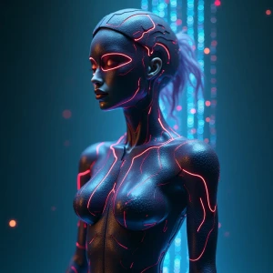 A futuristic and visually striking "Flux Dev" text on top of A futuristic figure with a seamless blend of human and AI aesthetics, wearing an elegant, high-tech catsuit that dynamically shifts color