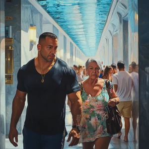 HyperRealism.A man( muscular beefy criminal) walking with a woma...