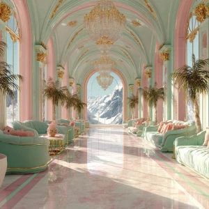 A hyperrealistic palace corridor bathed in sunlight, with pastel...
