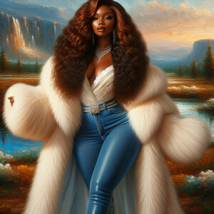 Craft a 4K glossy oil painting portraying a regal, plus-size Afr...
