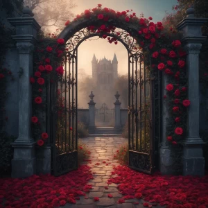 "Imagine an evocative scene set in a gothic garden at twilight,...