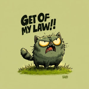 A grumpy cartoon-style cat standing on a lawn, fur fluffed up, o...
