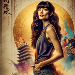 Athletic Thin skinny Attractive, Asian teenage girl, long brown hair and bangs, wearing tight skinny jeans and a halter top paint marks on her clothing, heroic pose Asian graffiti background, backside view