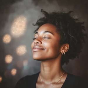 A person's expression gradually shifts from deep in thought to a...