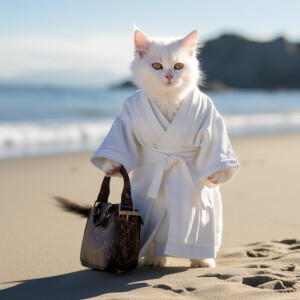 A white kitten with black eyes wearing a white robe wearing sand...