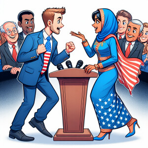 A political cartoon caricature of Trump and Kamala Harris arguin...
